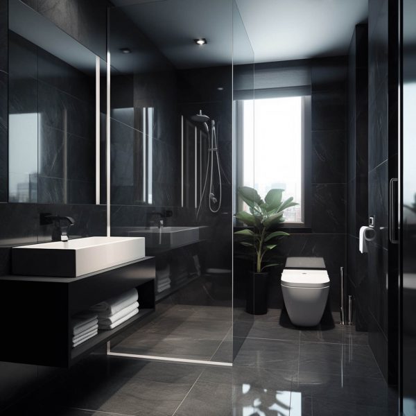 Minimalistisches, modernes Badezimmer mit ebenerdiger Dusche